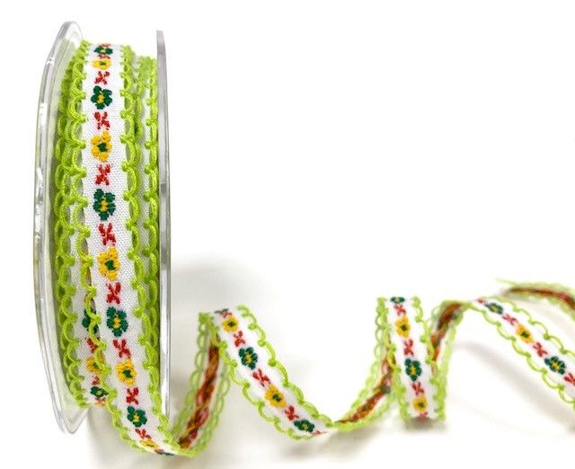Bertie's Bows Green/White 12mm looped woven flowers ribbon
