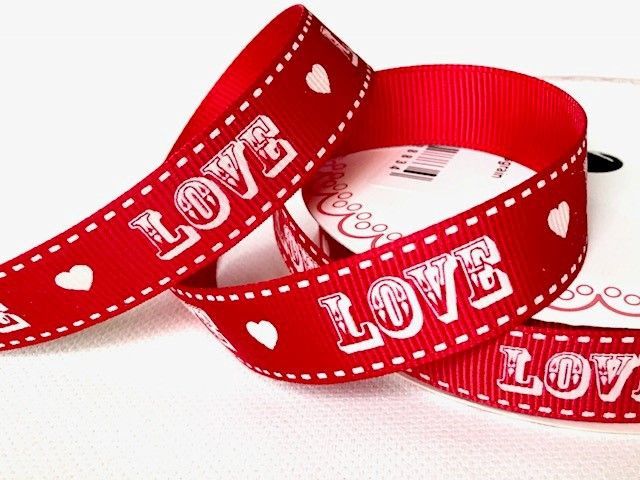Bertie's Bows Red Vintage Love Print on 16mm Grosgrain Ribbon