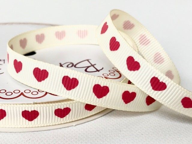 Bertie's Bows Red Heart Print on 9mm Ivory Grosgrain Ribbon