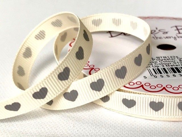 Bertie's Bows Grey Heart Print on 9mm Ivory Grosgrain Ribbon