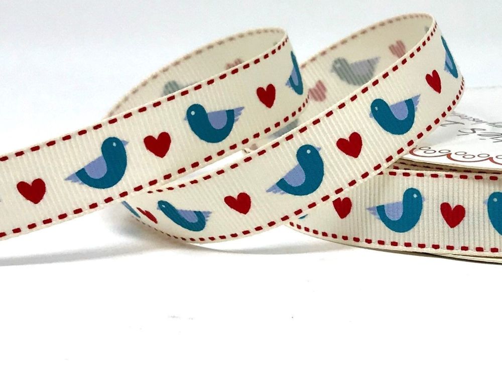 Bertie's Bows Blue Folk Bird & Heart Print 16mm Ivory Grosgrain Ribbon