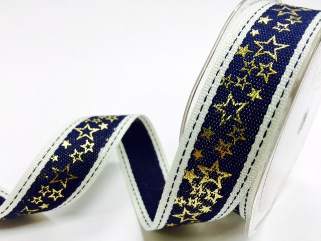 Bertie's Bows Navy Stitched Edge 25mm with Gold Metallic Star Print