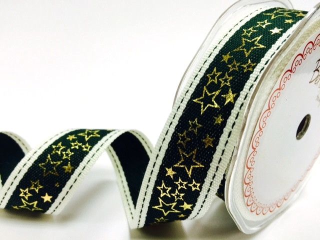 Bertie's Bows Green Stitched Edge 25mm with Gold Metallic Star Print