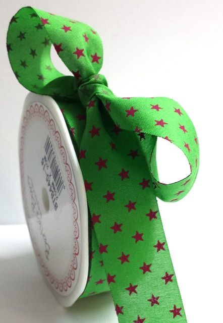 Bertie's Bows Green with Pink 25mm Star Print with Cut Edge 