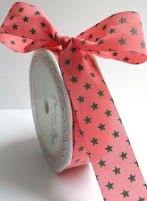 Bertie's Bows Coral With Green 25mm Star Print with Cut Edge 