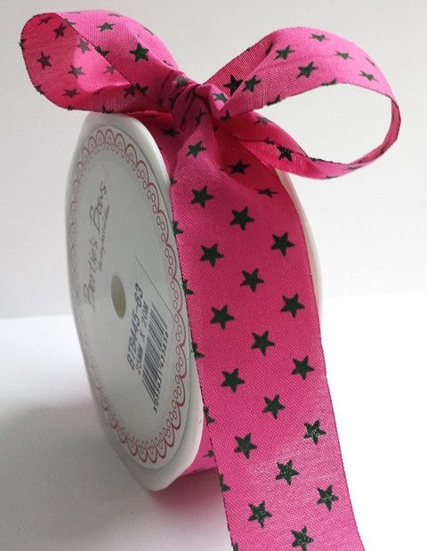 Bertie's Bows Pink with Brown 25mm Star Print with Cut Edge 