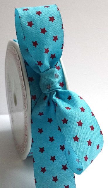 Bertie's Bows Turquoise With Magenta 25mm Star Print with Cut Edge 
