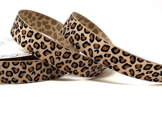Bertie's Bows Beige Leopard Print 16mm Grosgrain Ribbon