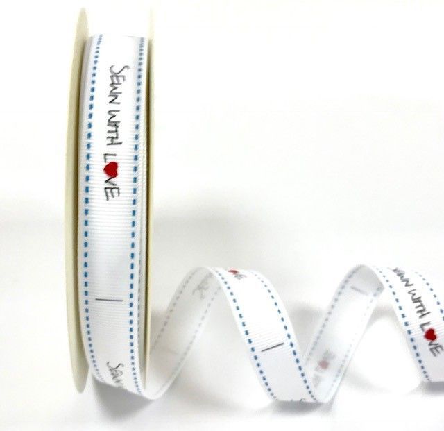 Bertie's Bows Sewn With Love Print 16mm White Grosgrain Ribbon