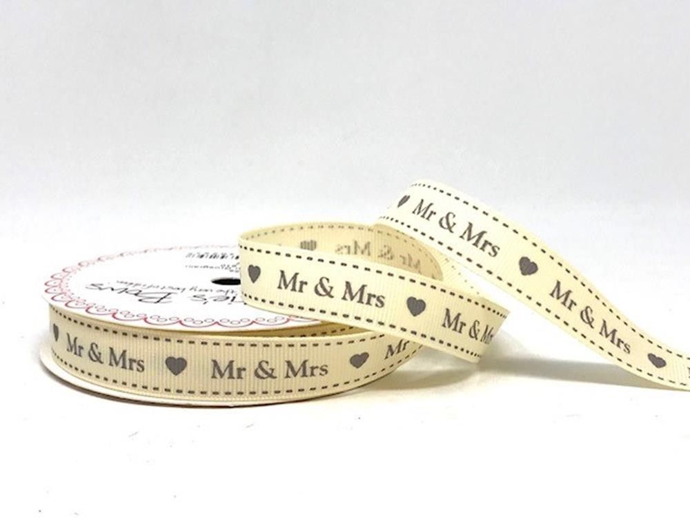 Bertie's Bows Mr & Mrs Print 16mm Ivory Grosgrain Ribbon
