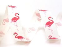 Bertie's Bows Bright Pink Flamingo Print on 16mm Off White Grosgrain Ribbon