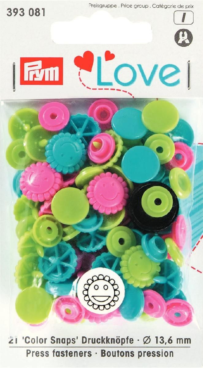 Prym 12mm smiley face plastic snaps, pink-green-turq mix