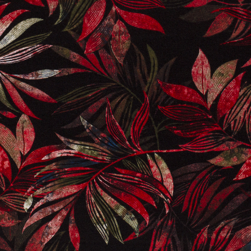 Poly Viscose Stretch Fabric Discharge Printed Plants Black