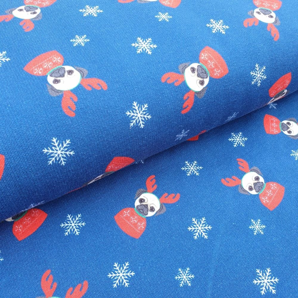 Christmas French Terry Fabric Reindeer Dogs Navy