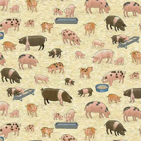 Makower Village Life Cotton Fabric Pigs