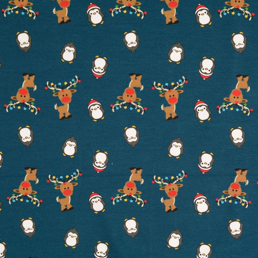 Christmas Cotton Jersey Fabric Reindeer & Penguins Navy