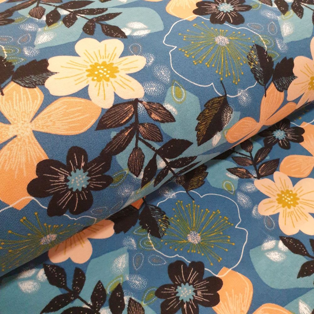 Soft Sweat GOTS Fabric Flowers Blue