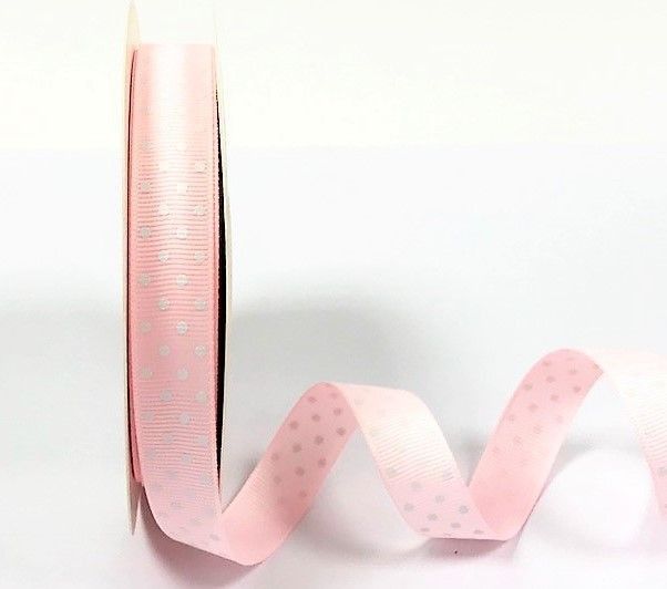 Bertie's Bows 16mm Grosgrain Ribbon with White Polka Dots Pale Pink 01