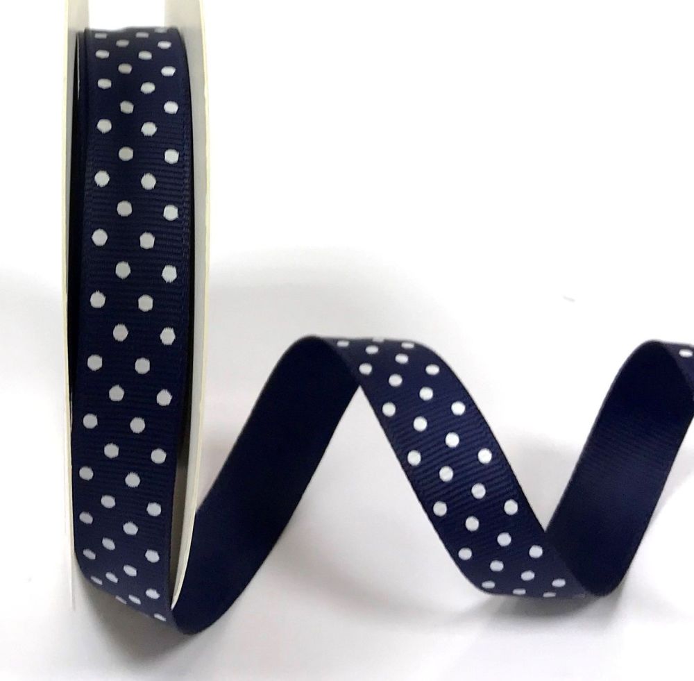 Bertie's Bows 16mm Grosgrain Ribbon with White Polka Dots Navy 07