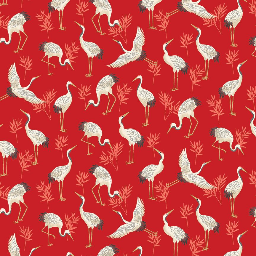 Makower Michiko Cotton Fabric Cranes Red