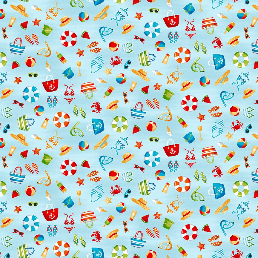 Makower Besides The Sea Cotton Fabric Icon Scatter Blue 