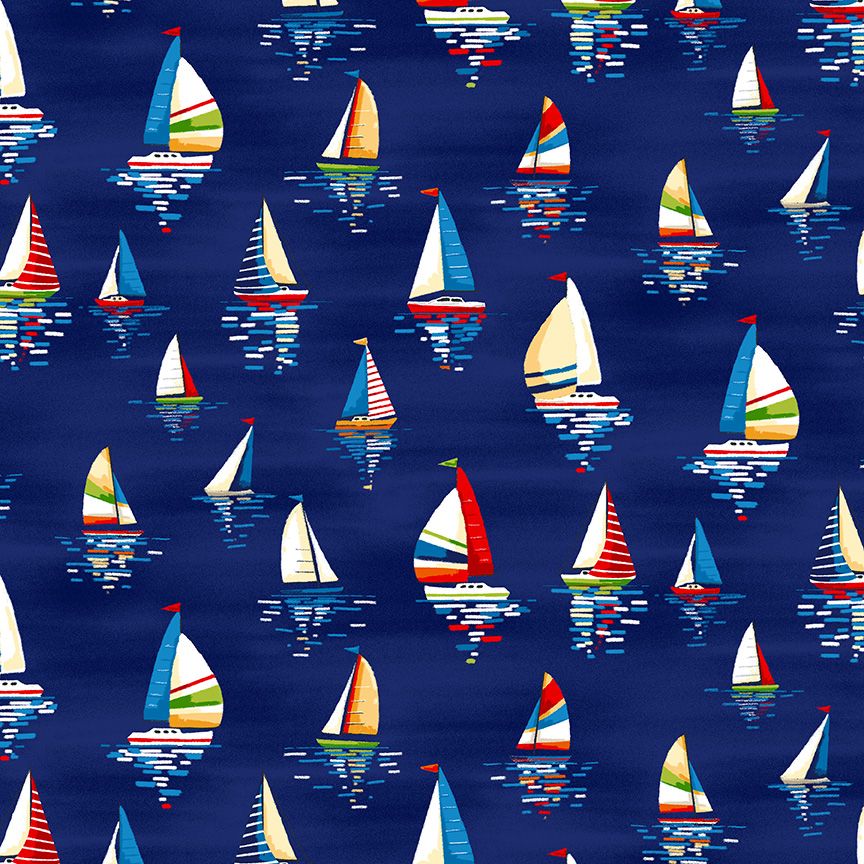 Makower Besides The Sea Cotton Fabric Sailing Boats Blue 