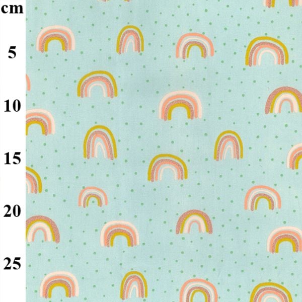 Cotton Fabric Rainbows Mint With Glitter