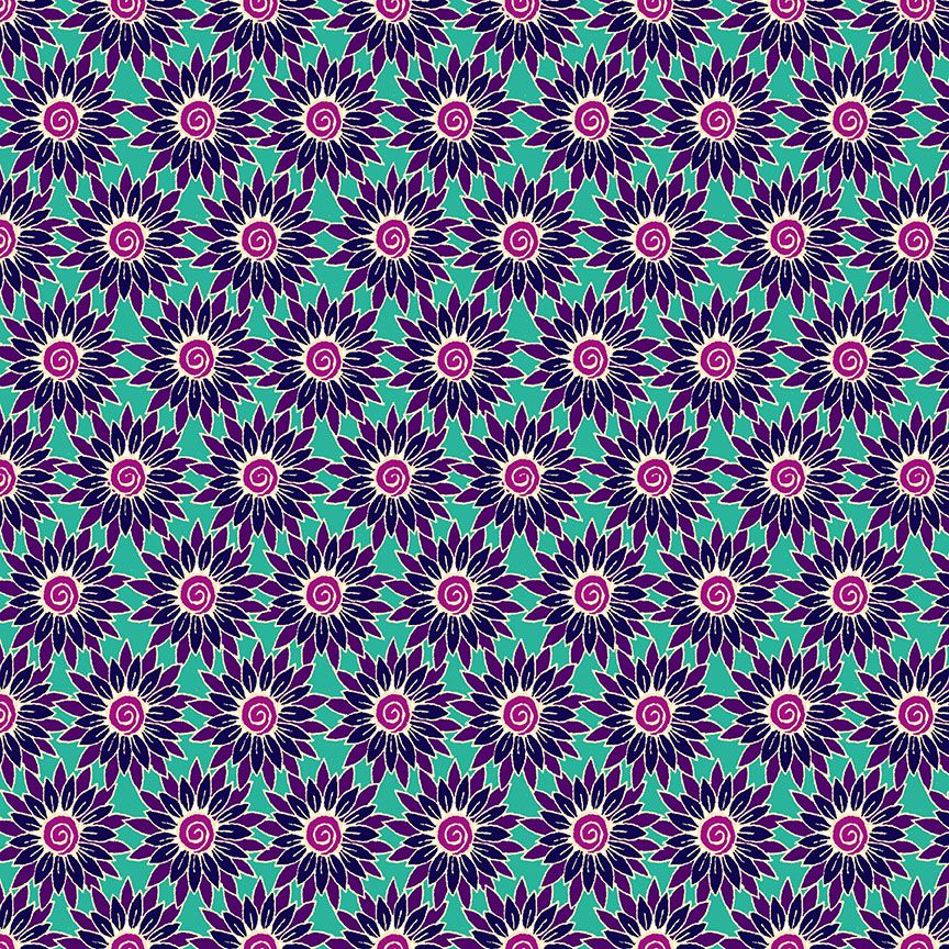 Henna By Makower Cotton Fabric Sunflower Turquoise Purple