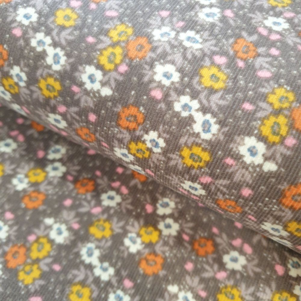 Babycord Fabric Autumn Flowers Brown 