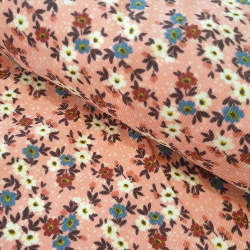 Babycord Fabric Autumn Flowers Dusky Pink 