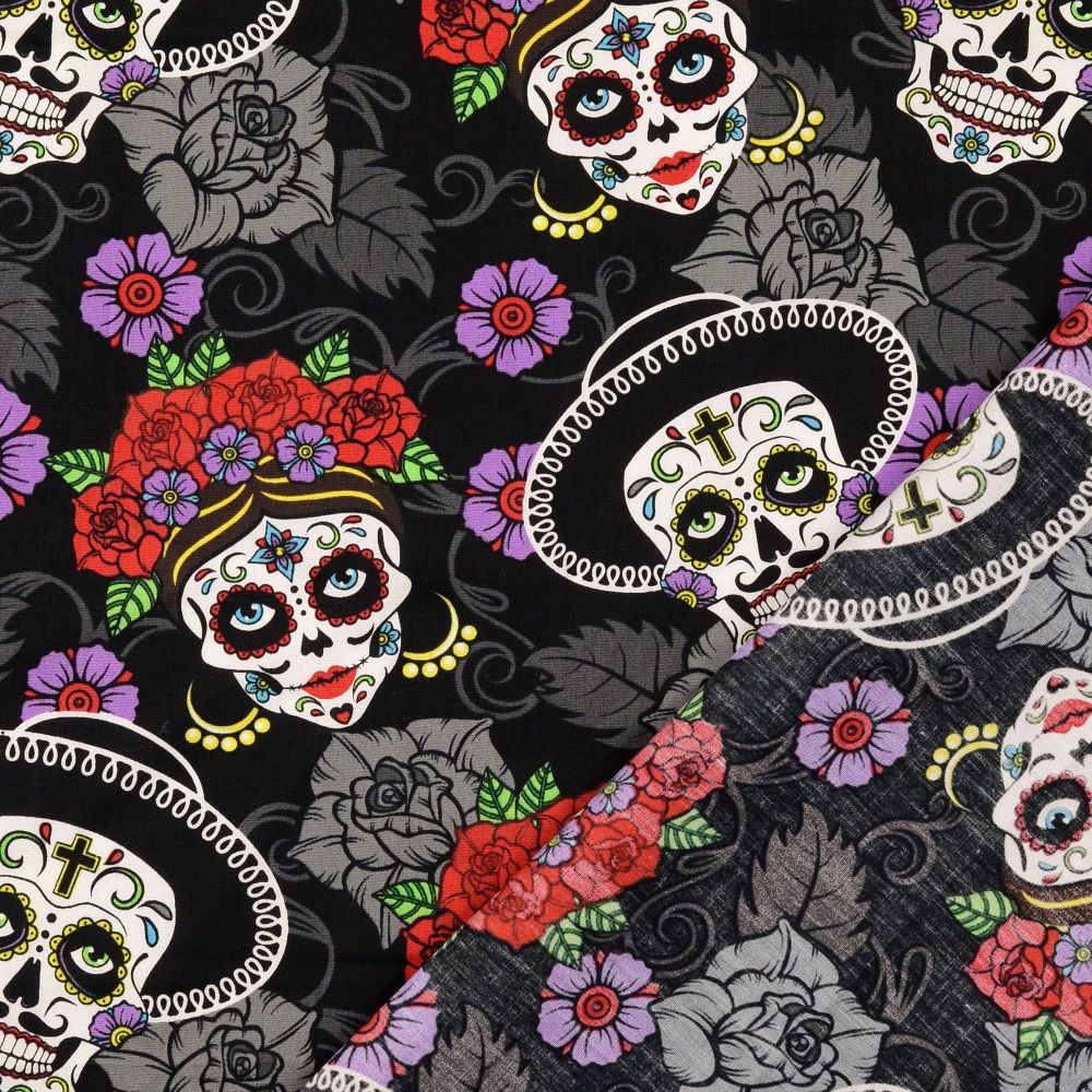 Cotton Fabric Sugar Skulls Hats Black 