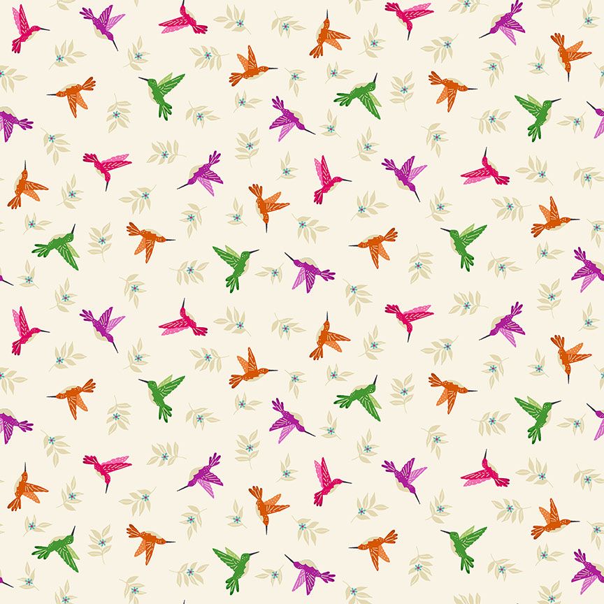 Makower Cotton Fabric Jewel Hummingbird Cream 