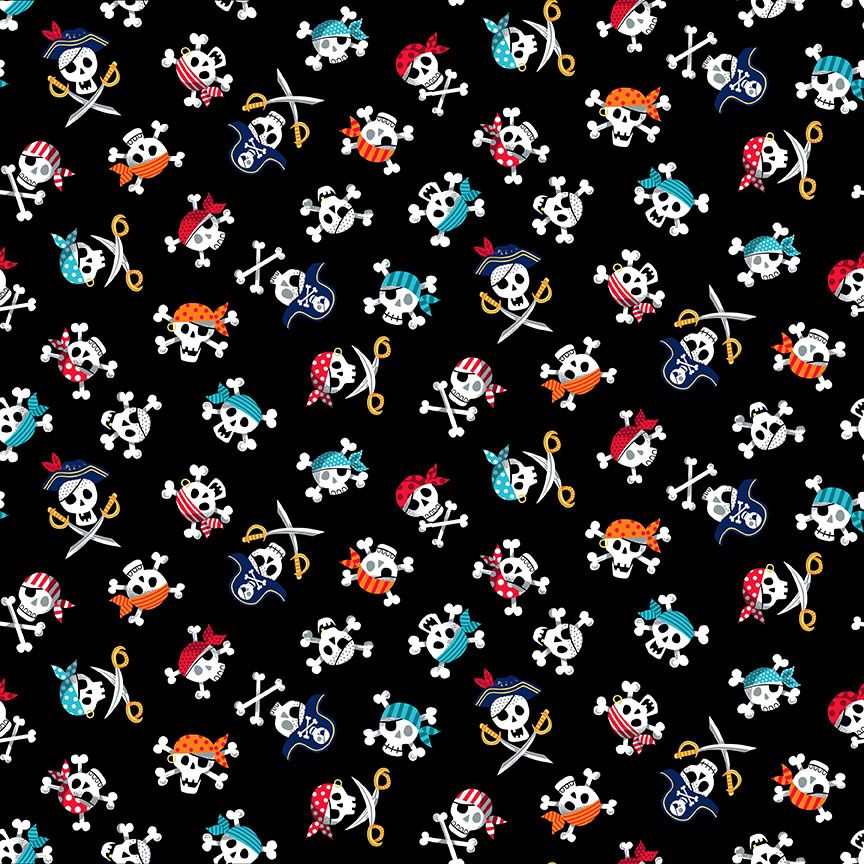 Makower Cotton Fabric Pirate Island Skulls Black