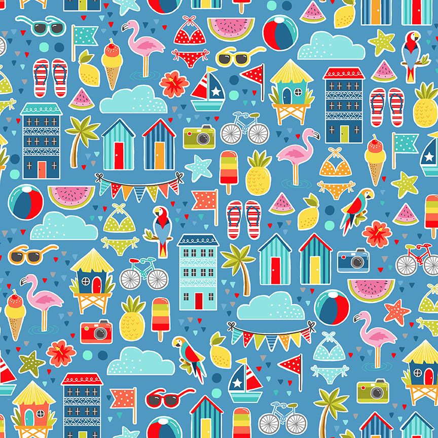 Makower Cotton Fabric Pool Party Montage Blue 