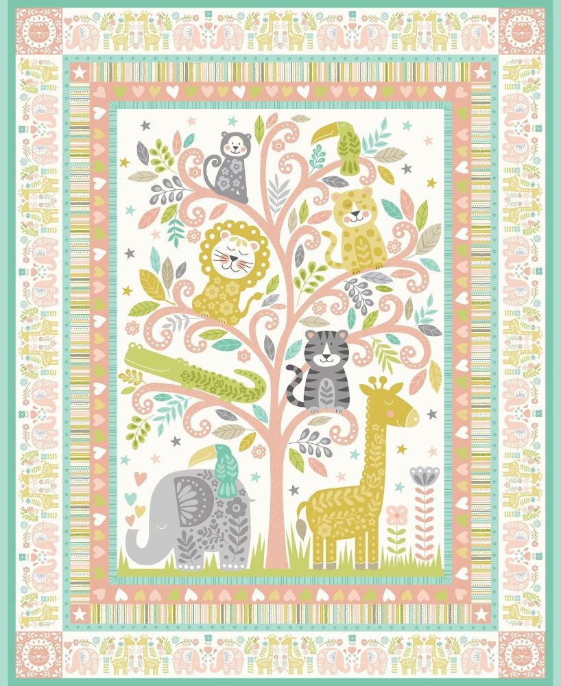Makower Cotton Fabric Baby Safari Quilt Panel Pink 