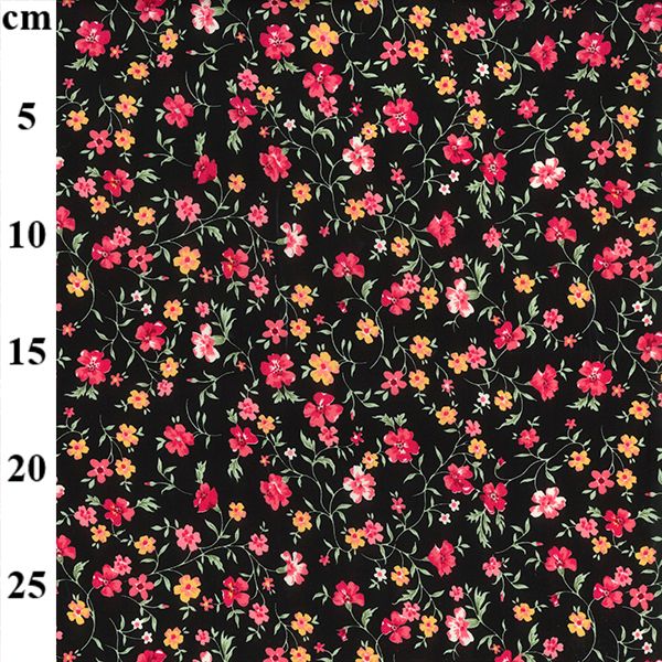 Cotton Poplin Fabric Flowers Black/Coral
