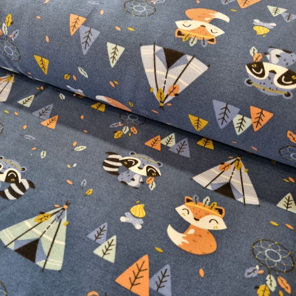 Cotton Jersey Fabric Woodland Camping Blue 