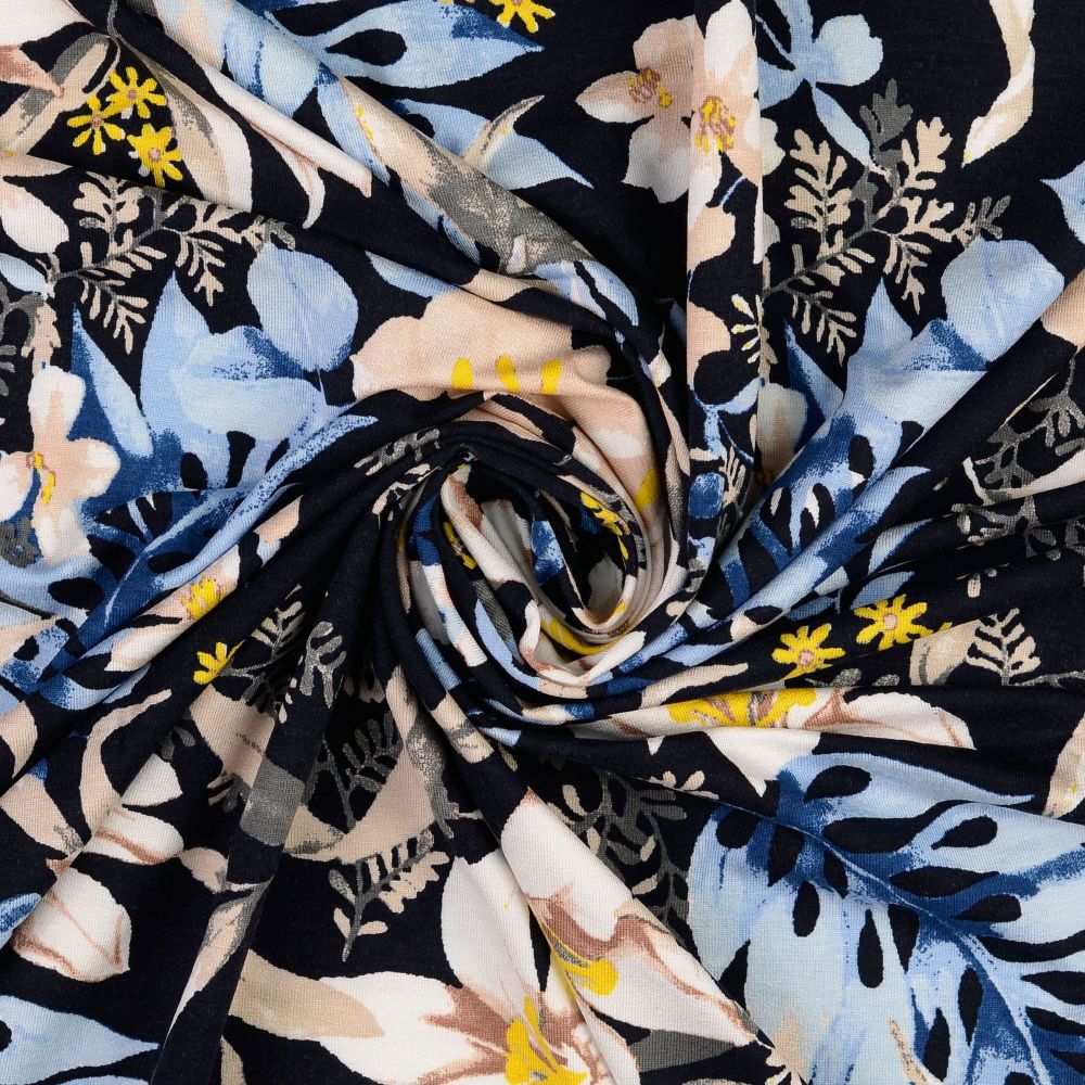 Viscose Jersey Fabric Tropical Florals Navy 