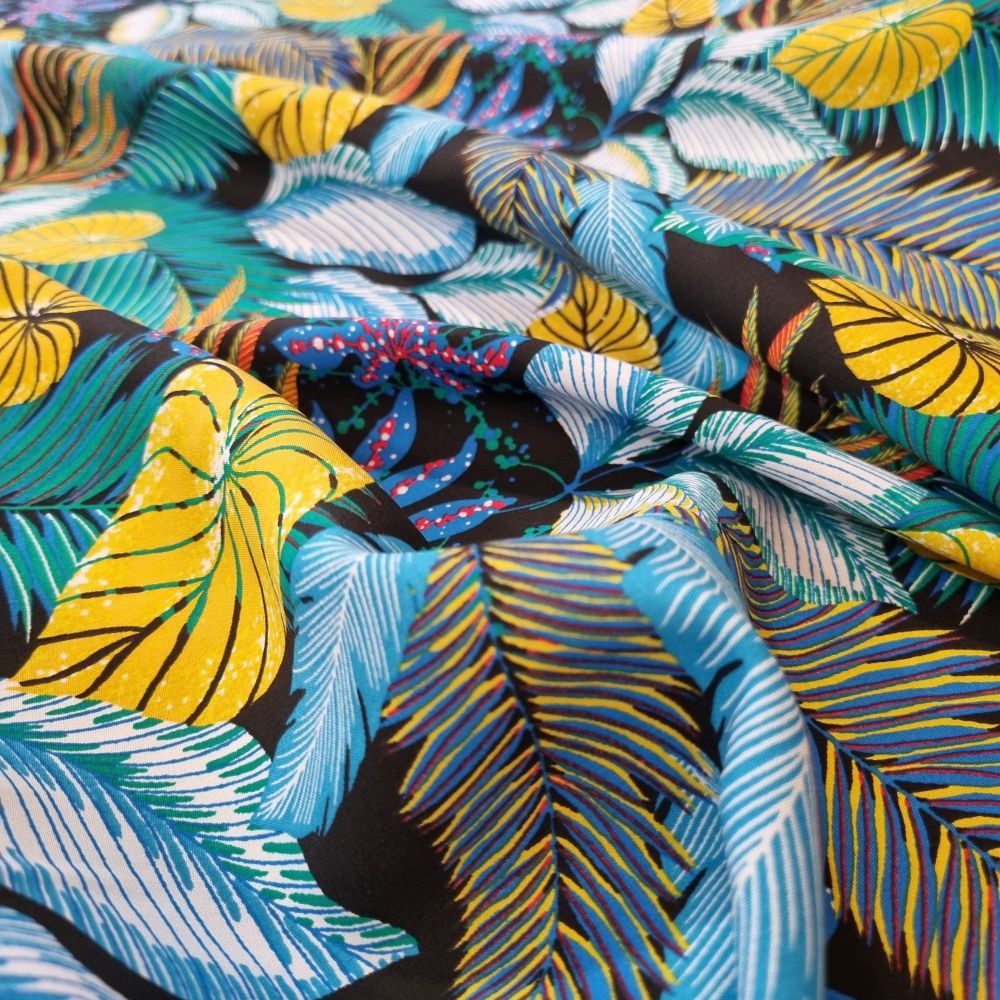 Viscose Fabric Tropical palm Leaves Teal 