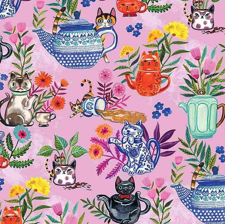 Dear Stella Cotton Fabric Sew Mischievous Cat Tea Party 