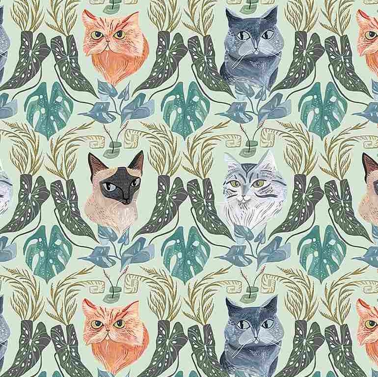 Dear Stella Cotton Fabric Fronds & Felines Cat Toile 
