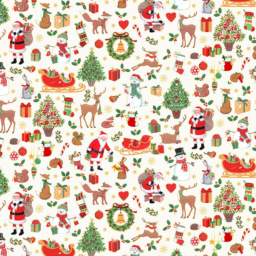 Makower Christmas Cotton Fabric Merry Icon Montage 