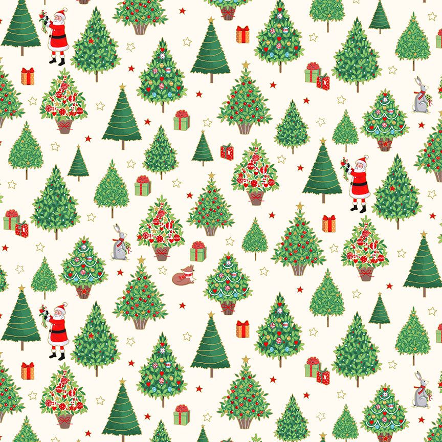 Makower Christmas Cotton Fabric Merry Christmas Trees Cream