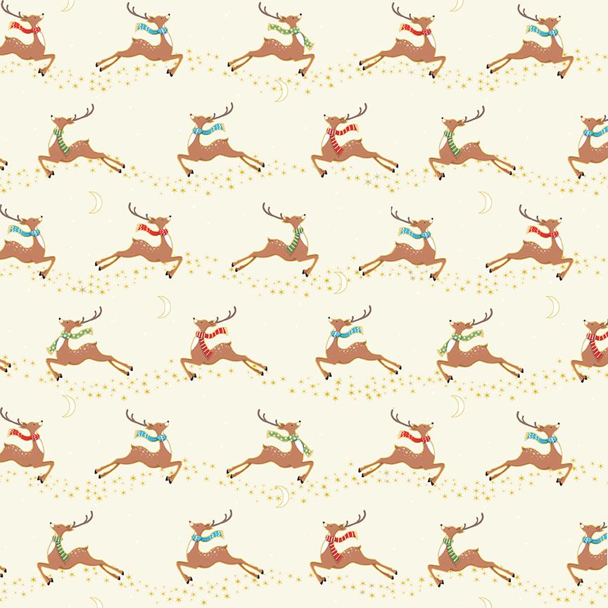 Makower Christmas Cotton Fabric Merry Flying Reindeer Cream