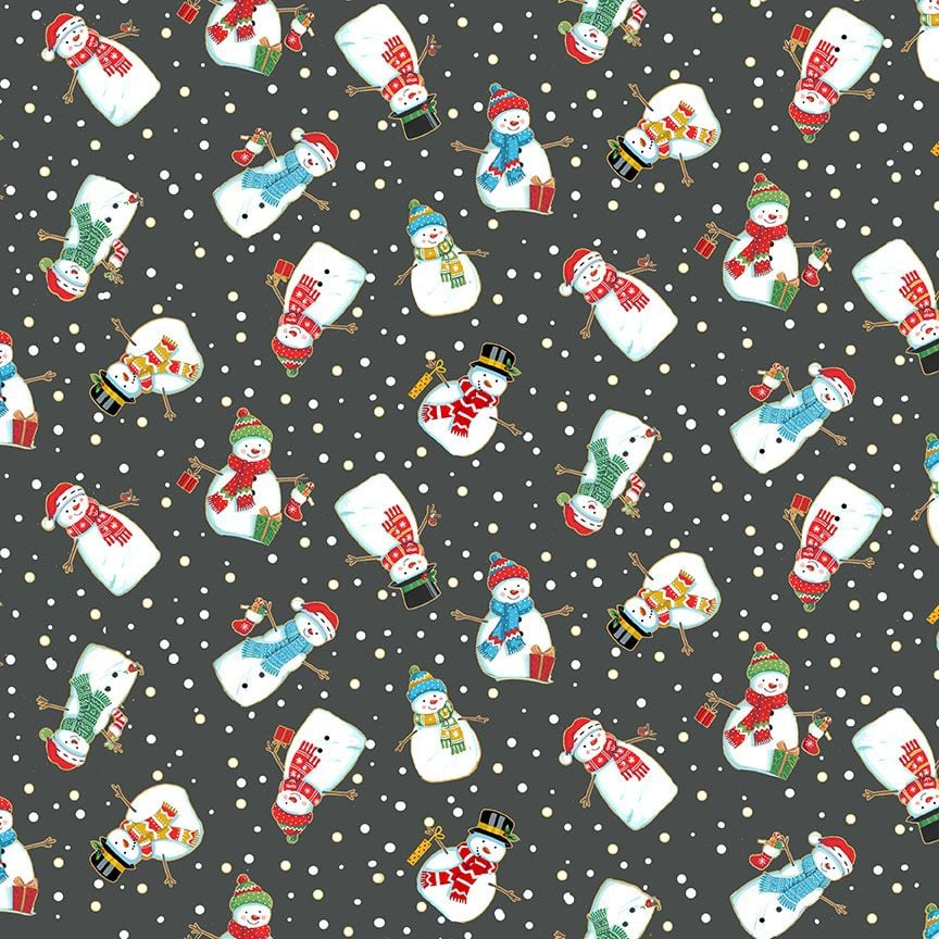 Makower Christmas Cotton Fabric Merry Snowman Charcoal