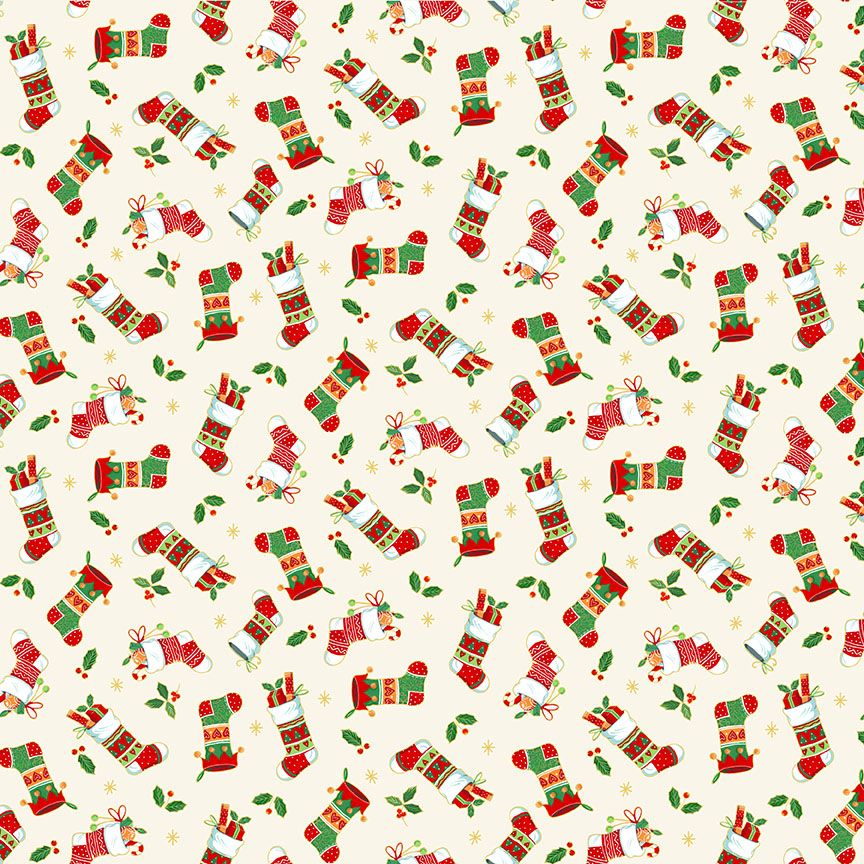 Makower Christmas Cotton Fabric Merry Stockings Cream