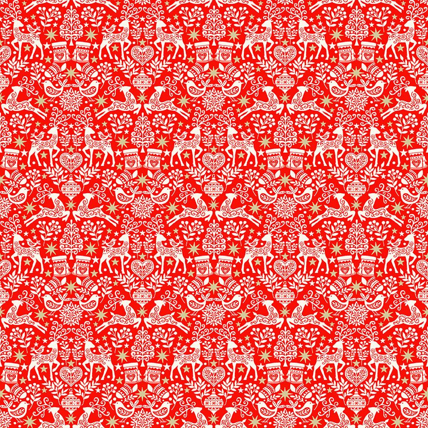 Makower Christmas Cotton Fabric Scandi Folk Red