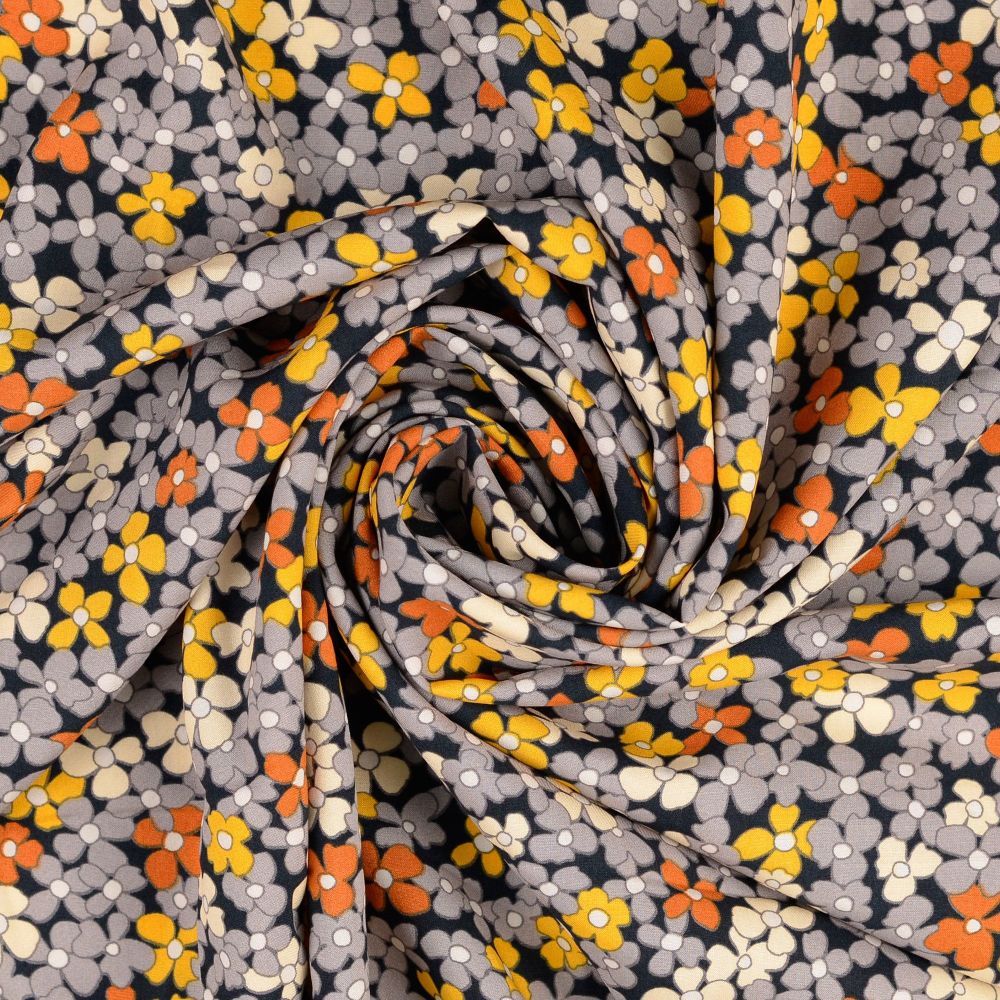 Viscose Fabric Autumn Flowers Grey 