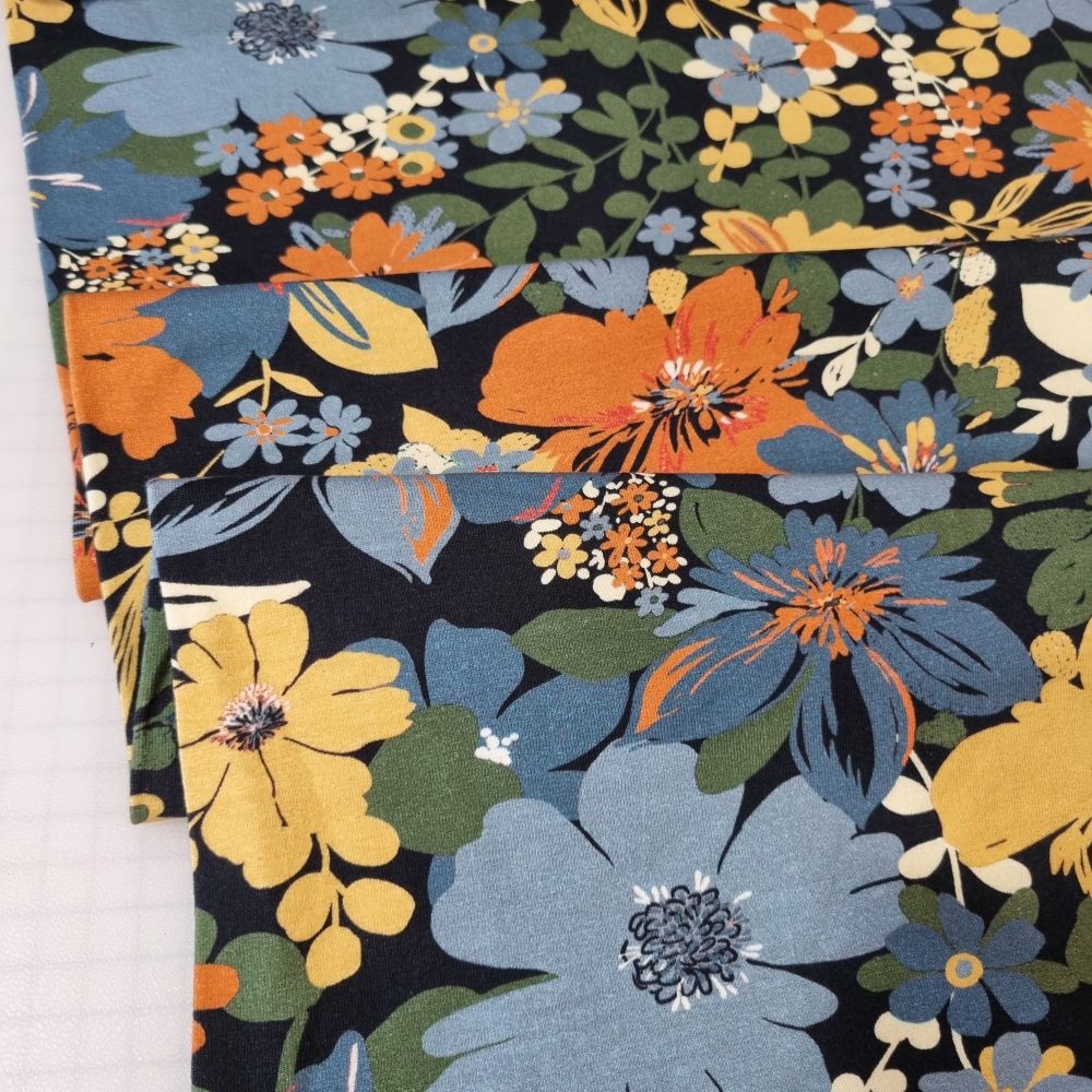 Cotton Jersey Fabric Digital Print Florals Rust/Cornflower