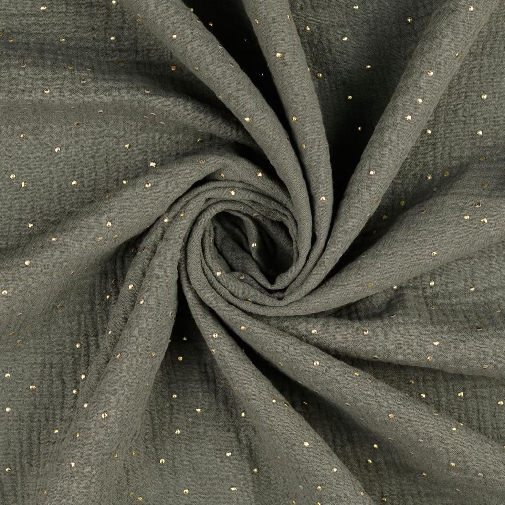 Double Gauze Cotton Fabric With Metallic Gold Dew Drops Khaki